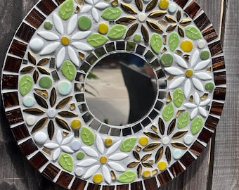 Hand Crafted Round Mosaic Mirror, Glass and Ceramic Tiles, Indoor/Outdoor Garden Decor