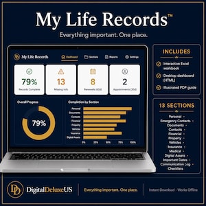 以下が含まれることがあります： ノートパソコンの画面には、My Life Recordsのダッシュボードが表示されており、完了率79%、不足情報、更新、予定が示されています。インターフェースには、個人、財務、医療データなどのセクションが含まれています。