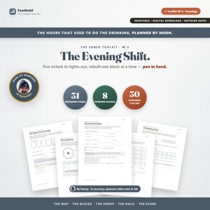 May include: A digital toolkit titled The Evening Shift, featuring 31 designed pages, 8 evening blocks, and 30 evenings tallied. The document includes printable worksheets like The Map of Your Evening, The Loud Hour, and The Noon Decision.