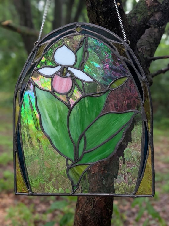 Pink Lady Slipper Stained Glass Window