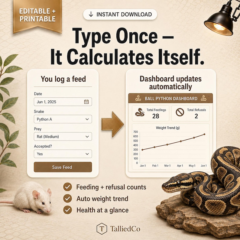 Auto calculating snake feeding log
