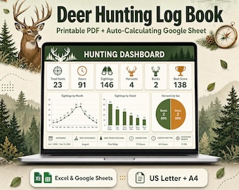 Hunting Log Book Printable & Google Sheets | Deer Hunting Journal, Harvest Record, Trail Camera, Stand Log, Game Tracker, Hunter Gift PDF