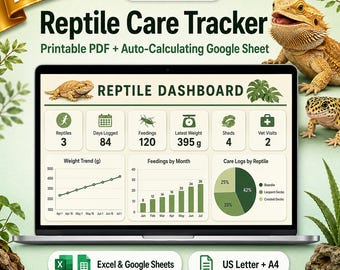 Bearded Dragon Care Tracker Printable + Google Sheets | Reptile Feeding, Weight, Shedding, Supplement Log, Beardie Owner Gift PDF