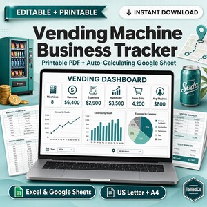 Könnte beinhalten: Ein Vending Machine Business Tracker mit einem Laptop, der ein Vending Dashboard mit Diagrammen und Finanzdaten anzeigt, umgeben von gedruckten Dokumenten, einem Verkaufsautomaten-Symbol, einer Getränkedose und einem Karten-Pin-Symbol.