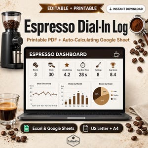 May include: An Espresso Dial-In Log digital product featuring a laptop displaying an Espresso Dashboard with charts and data. Includes a black coffee grinder, a portafilter with grounds, and scattered coffee beans. Text includes Editable + Printable, Instant Download, Espresso Dial-In Log, Printable PDF + Auto-Calculating Google Sheet, Excel & Google Sheets, and US Letter + A4.