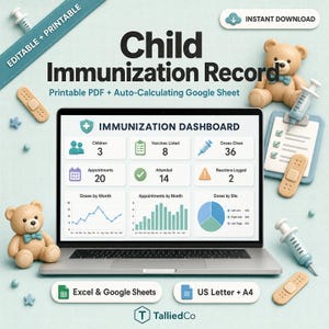 Pode incluir: Um modelo digital de registo de vacinação infantil com um portátil que apresenta um painel de controlo com gráficos, rodeado por ícones 3D de ursos de peluche, seringas, pensos e pranchetas num fundo azul claro.