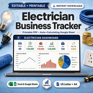 以下が含まれることがあります： Electrician Business Trackerのデジタルテンプレート。ノートパソコンの画面には、収益、経費、利益のグラフが表示されたダッシュボードがあります。顧客、仕事、収益のアイコンに加え、印刷可能なPDFやGoogleスプレッドシートを示すテキストラベルが含まれています。