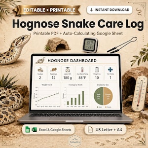 Könnte beinhalten: Ein digitales Hognose-Schlangen-Pflegeprotokoll auf einem Laptop-Bildschirm, das ein Dashboard mit Schlangenstatistiken, Fütterungsdiagrammen und Gewichtstrends zur Überwachung der Gesundheit und Pflege des Tieres anzeigt.