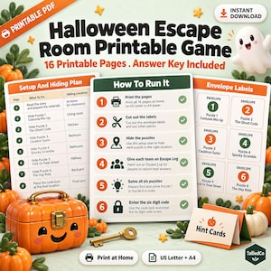 May include: A Halloween Escape Room printable game set featuring 16 pages, an answer key, and instructions. The display includes a pumpkin-shaped box, a gold key, hint cards, and text detailing setup, hiding plans, and envelope labels.