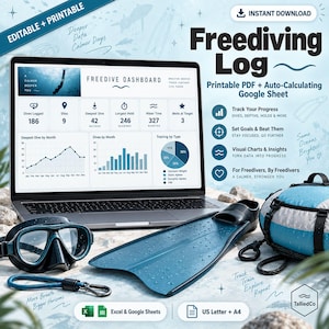 May include: A laptop displaying a Freediving Log dashboard with charts and data, accompanied by a blue diving mask, a single blue fin, and a blue and white gear bag. Text includes "Freediving Log," "Instant Download," and "Excel & Google Sheets."