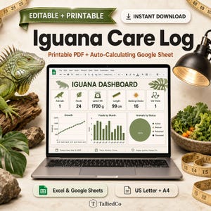 Op de afbeelding: Een digitaal iguana-verzorgingslogboek op een laptopscherm, met een dashboard met grafieken, groeiregistratie en gegevens voor voedingen, een gewicht van 1700 g en een lengte van 99 cm, inclusief iconen voor dieren en dierenartsbezoeken.