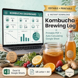 May include: A digital kombucha brewing log displayed on a laptop screen alongside a glass jar of kombucha, a glass bottle, fresh ginger, strawberries, blueberries, and lemon slices. The screen shows a dashboard with charts and data tracking.
