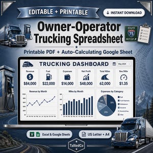 Op de afbeelding: Een spreadsheet-sjabloon voor eigen rijders in de transportsector met een digitaal dashboard op een laptopscherm. Het dashboard toont financiële statistieken zoals omzet, brandstofkosten, uitgaven, nettowinst, totaal aantal mijlen en opbrengst.