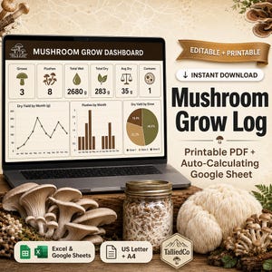 Puede incluir: Un panel digital de cultivo de hongos en una pantalla de portátil con gráficos de datos, junto a un frasco de vidrio con micelio, un grupo de setas ostra y una melena de león. Texto: Mushroom Grow Log, Editable + Printable.