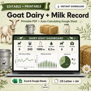 Puede incluir: Un panel de control digital de registro de leche y lácteos de cabra en una pantalla de portátil, con gráficos de rendimiento lechero, ordeños mensuales y demografía del rebaño, incluyendo iconos de cabras, leche y visitas veterinarias.