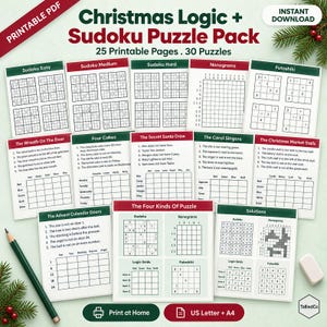 Paquete imprimible de Sudoku navideño y rompecabezas de lógica / 30 rompecabezas para adultos con soluciones, nonogramas y cuadrículas lógicas en formato PDF.