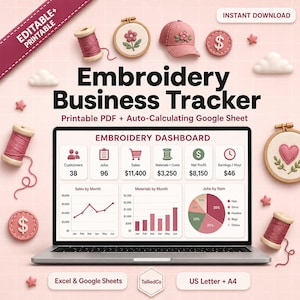 May include: An embroidery business tracker digital product display featuring a laptop screen showing an embroidery dashboard with charts, graphs, and data. Surrounded by pink thread spools, embroidery hoops, a cap, and dollar sign icons.