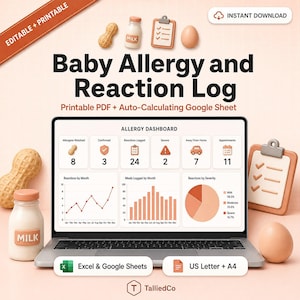 Könnte beinhalten: Ein digitales Baby-Allergie- und Reaktionsprotokoll auf einem Laptop-Bildschirm mit einem Dashboard, das Diagramme und Daten anzeigt. Die Szene enthält 3D-Symbole einer Erdnuss, einer Milchflasche, eines Klemmbretts und eines Eies auf hellem Grund.