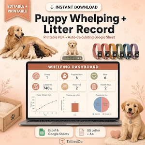 Puppy Whelping Record Printable + Google Sheets | Dog Breeder Litter Tracker, Birth Record, Puppy Weight Chart, Whelping Box Log