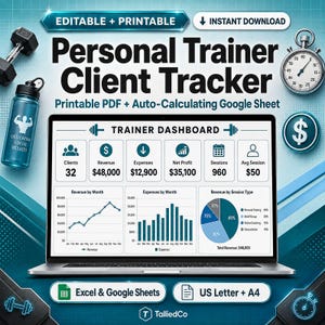 May include: A digital Personal Trainer Client Tracker displayed on a laptop screen, featuring a dashboard with revenue, expenses, and session metrics. The image includes a dumbbell, a water bottle, a stopwatch, and a dollar sign icon.