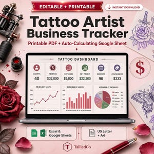 Puede incluir: Un rastreador de negocios para tatuadores en una pantalla de portátil, con un panel de control que muestra gráficos, ingresos y gastos. El texto incluye Tattoo Artist Business Tracker, Excel & Google Sheets, y US Letter + A4.