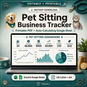 May include: A digital pet sitting business tracker displayed on a laptop screen, featuring a dashboard with revenue, expenses, and booking charts. The text includes Editable + Printable, Instant Download, and Pet Sitting Business Tracker.