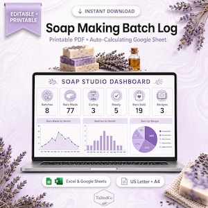 Puede incluir: Una plantilla digital de registro de lotes de fabricación de jabón en la pantalla de un portátil, con un panel de control, gráficos y datos para el seguimiento de lotes, barras fabricadas, curado y ventas, junto a ramas de lavanda.