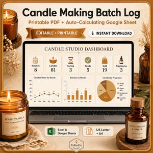 May include: A digital candle making batch log template displayed on a laptop screen, featuring a dashboard with charts, graphs, and data fields. The interface includes text labels like Candle Studio Dashboard, Batches, and Candles by Fragrance.