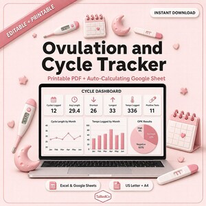 May include: A digital ovulation and cycle tracker displayed on a laptop screen, featuring a dashboard with charts and data. The scene includes 3D icons of a thermometer, calendar, moon, and pregnancy test on a pink background with text.