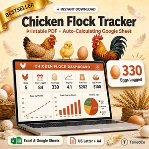 Op de afbeelding: Een digitale kippenkudde-tracker weergegeven op een laptopscherm, met een dashboard met grafieken, eierentellingen en voerkosten. De interface bevat tekst zoals Chicken Flock Dashboard, 330 Eggs Logged en Excel & Google Sheets. Het ontwerp is versierd met illustraties van kippen, een kuiken, eieren en tarwe.