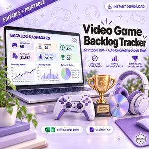 May include: A digital video game backlog tracker displayed on a laptop screen, featuring a dashboard with game statistics, a purple game controller, a gold trophy, headphones, and a disc. Text includes Video Game Backlog Tracker and Excel & Google Sheets.