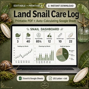 May include: A digital land snail care log displayed on a laptop screen, featuring a dashboard with data on feedings, humidity, cleanings, growth logs, and calcium feeds. The interface includes line graphs, bar charts, and a pie chart for species.