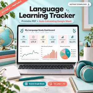 May include: A laptop screen displays a Language Learning Tracker dashboard with charts, graphs, and statistics. The interface includes text reading My Language Study Dashboard, Study Sessions, Hours Studied, Goal Met, Words Logged, and Lesson Spend.