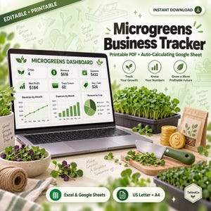 Puede incluir: Un rastreador de negocios de microvegetales en la pantalla de una computadora portátil, con un panel de ingresos, gastos y datos de cultivos. Incluye bandejas de microvegetales, un cuchillo, monedas y un paquete de semillas sobre una superficie.