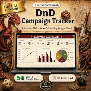 Könnte beinhalten: Ein digitaler DnD-Kampagnen-Tracker auf einem Laptop-Bildschirm mit einem Dashboard für Sitzungen, Gruppe, XP, Quests, NPCs und Beute. Der Hintergrund zeigt einen roten Drachen, einen 20-seitigen Würfel, ein Schwert und eine Karte.