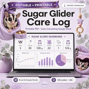 May include: A digital Sugar Glider Care Log dashboard displayed on a laptop screen, featuring charts for weight trends, feedings, and sex distribution. The interface includes icons for gliders, feedings, weight, bonding, and vet visits in purple tones.