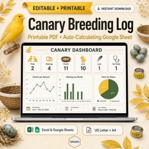 May include: A digital Canary Breeding Log displayed on a laptop screen, featuring a dashboard with charts, graphs, and data for pairs, matings, and clutches. The layout includes text labels, icons, and a yellow banner reading Editable + Printable.