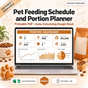 Puede incluir: Un planificador digital de alimentación y porciones para mascotas en la pantalla de una computadora portátil. La interfaz muestra un panel de control con métricas sobre comidas registradas, gramos alimentados y gastos en comida.