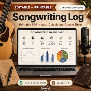 May include: A laptop displaying a Songwriting Log dashboard with charts and data, flanked by an acoustic guitar and a microphone. A notebook with handwritten melody ideas and a pen sit to the left, while a lyrics journal rests on the right.