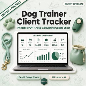 May include: A Dog Trainer Client Tracker digital product display featuring a laptop showing a training dashboard with charts and financial data. Includes a green dog clicker, a light green rope leash with a gold clip, and a small treat pouch.