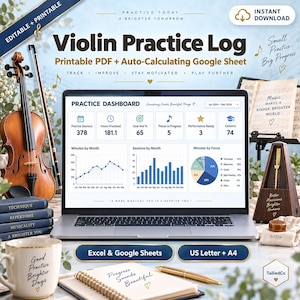 May include: A digital violin practice log displayed on a laptop screen, featuring a dashboard with charts and metrics. The scene includes a wooden violin, a metronome, a mug with text, a spiral notebook, a pen, and sheet music on a stand.