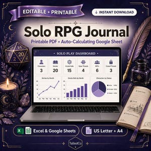 Puede incluir: Un panel de control digital Solo RPG Journal en la pantalla de un portátil, con gráficos y métricas de seguimiento. La escena incluye un dado de veinte caras, una vela encendida, un tintero con pluma y un cuaderno abierto.