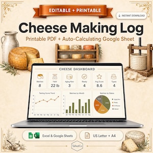Op de afbeelding: Een digitaal logboek voor het maken van kaas op een laptopscherm, met een dashboard met grafieken en statistieken. De afbeelding bevat tekstlabels zoals Editable + Printable en verwijzingen naar PDF en Google Sheets.