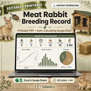 Puede incluir: Un panel digital de registro de cría de conejos en la pantalla de una computadora portátil, con gráficos de peso, nacimientos por mes y distribución por sexo. Incluye texto para PDF editable y hojas de cálculo de Google.