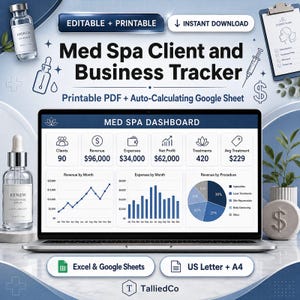 May include: A digital Med Spa Client and Business Tracker dashboard displayed on a laptop screen, featuring revenue, expense, and treatment charts. The layout includes text labels like Editable + Printable, Instant Download, and TalliedCo.