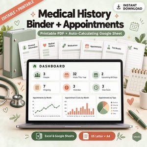 May include: A digital medical history binder and appointment tracker set featuring a laptop displaying a dashboard with health metrics, a green binder, printed forms, a stethoscope, a calendar, and a pen, labeled Medical History Binder + Appointments.
