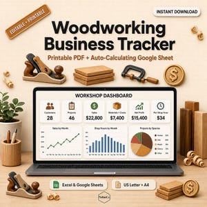 May include: A digital Woodworking Business Tracker displayed on a laptop screen showing a workshop dashboard with charts, graphs, and financial data. The image includes icons of a hand plane, wood blocks, a clamp, and dollar signs on a desk.
