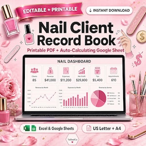Puede incluir: Una plantilla digital de registro de clientes de uñas en la pantalla de una computadora portátil, con un panel de control con iconos rosas, gráficos y datos financieros. El diseño incluye etiquetas de texto como Nail Client Record Book y A4.