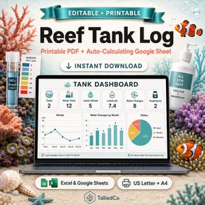 May include: A digital reef tank log dashboard displayed on a laptop screen, featuring charts, graphs, and data fields for nitrate levels, water changes, and treatments. The interface includes text labels like Tank Dashboard, Tanks, and Water Tests.