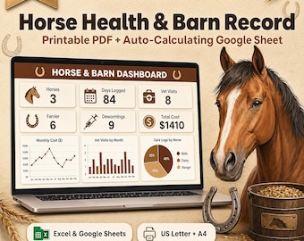 Horse Health Record Printable + Google Sheets | Barn Management Log, Equine Vet, Farrier, Deworming, Feed, Vaccination Tracker PDF